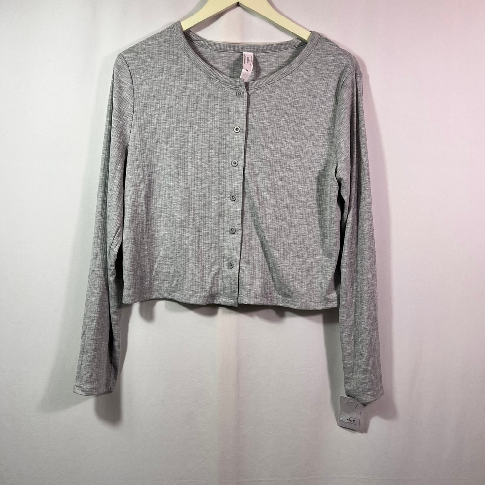 Auden Womens Gray Ribbed Button Front Cropped Cardigan Sleep Top Large NWT